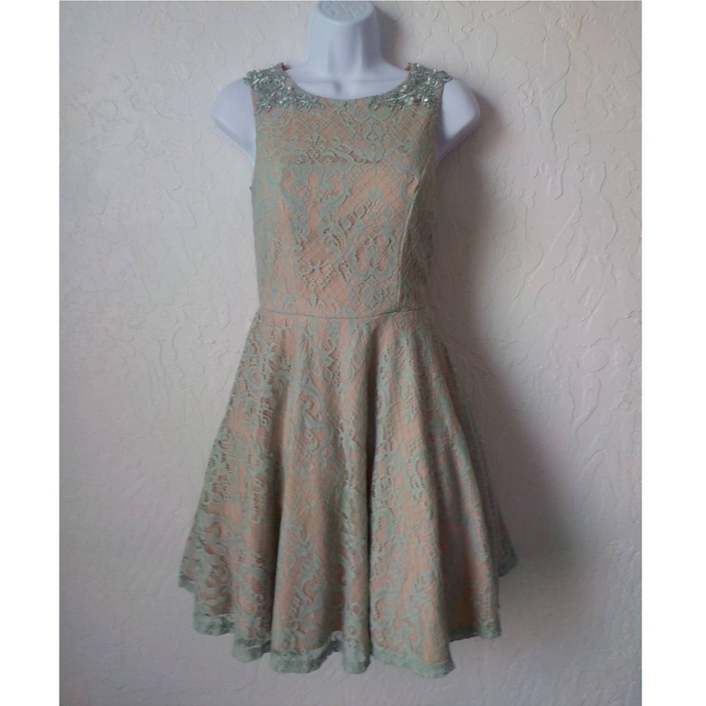 Jodi Kristopher Fit Flare Dress Women Teen 3 Beige Green Floral Lace Sequin